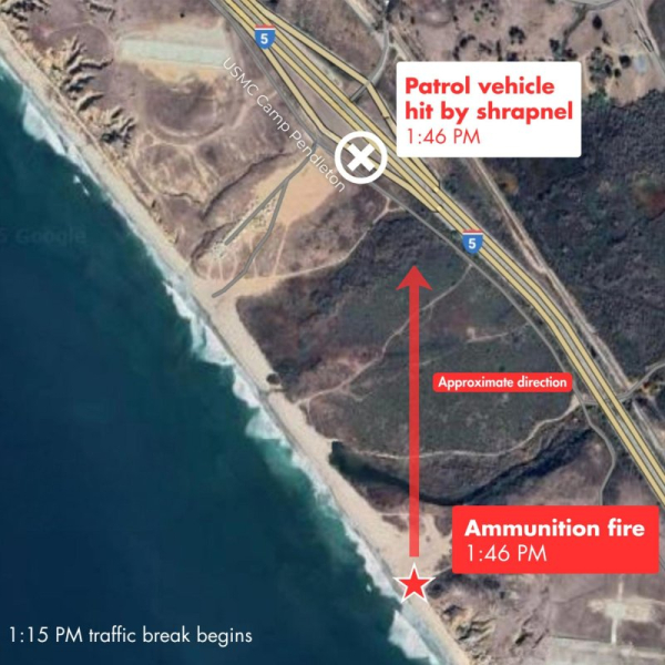 Artillery shell detonates over California highway, striking patrol car